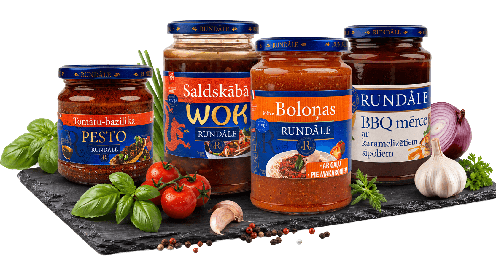 Rundāle produktu etiķetes un svaigas sastāvdaļas