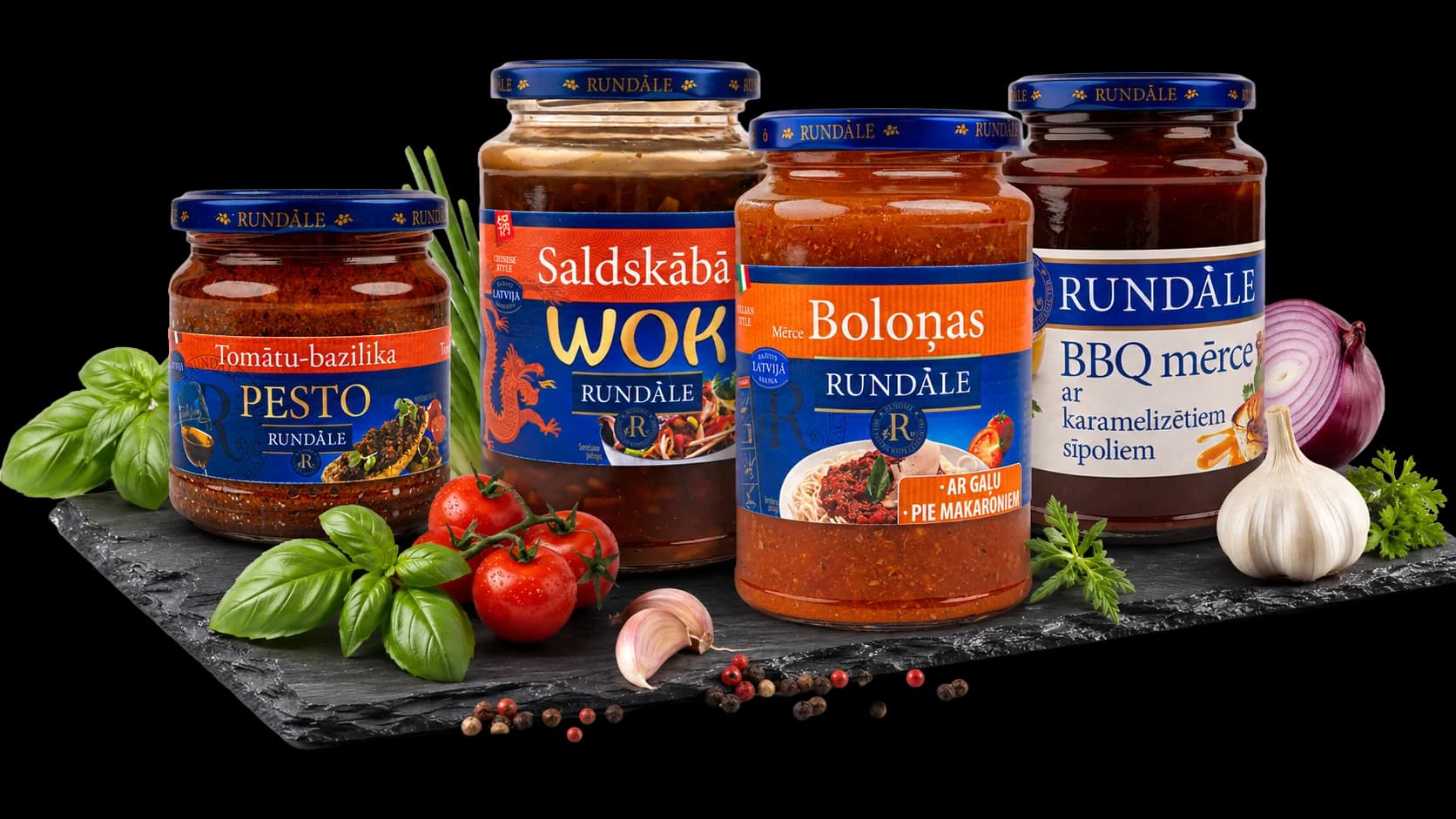 Rundāle produktu izlase ar pesto, Wok, Bologna un BBQ mērcēm